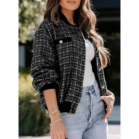 Womens Black Fashion Plaid Jacket 2024 Fall Winter Button Short Cropped Trendy